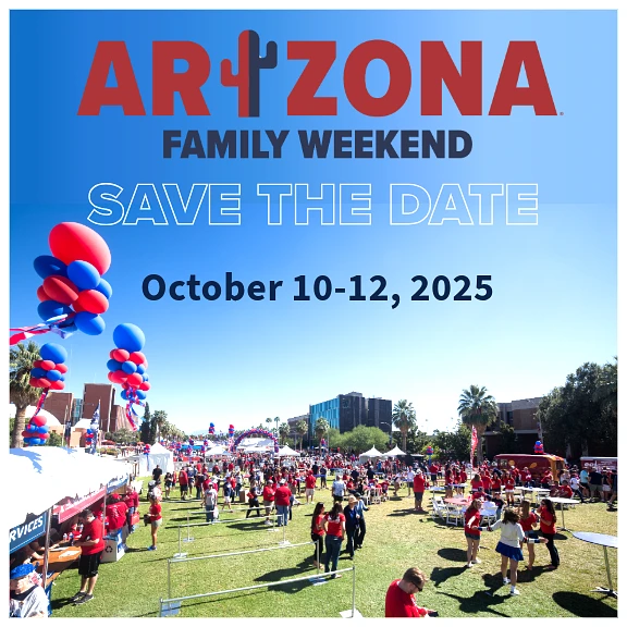 The image promotes "Arizona Family Weekend" scheduled for October 10-12, 2025, with a festive outdoor scene featuring people and balloons.